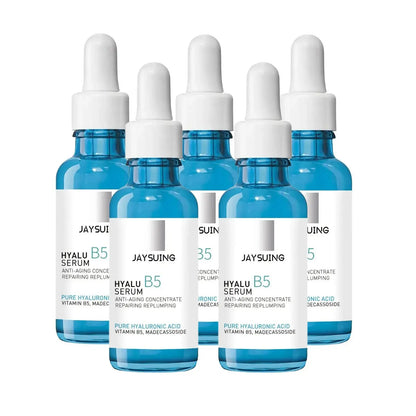Five hyaluronic acid facial serum bottles with white dropper caps and blue glass bodies