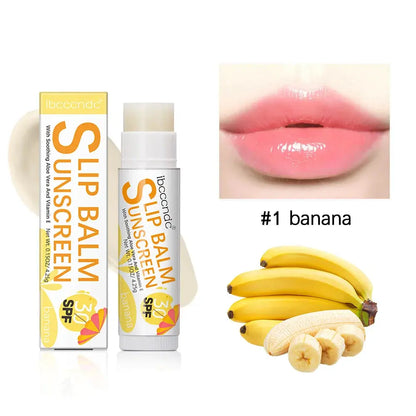 Banana lip balm SPF 30 stick with glossy lips and banana bunch