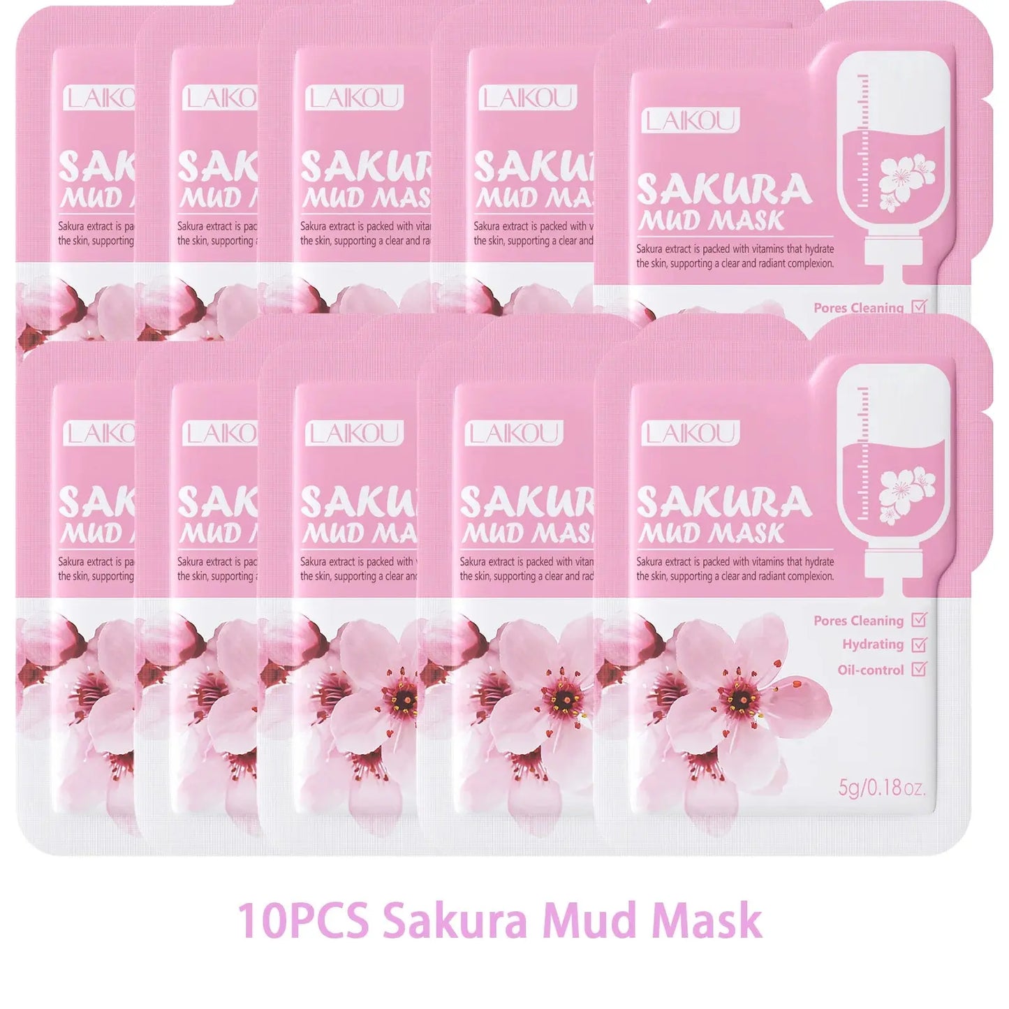 10-pack Sakura mud mask sachets, pink and white floral design, trial size 5g