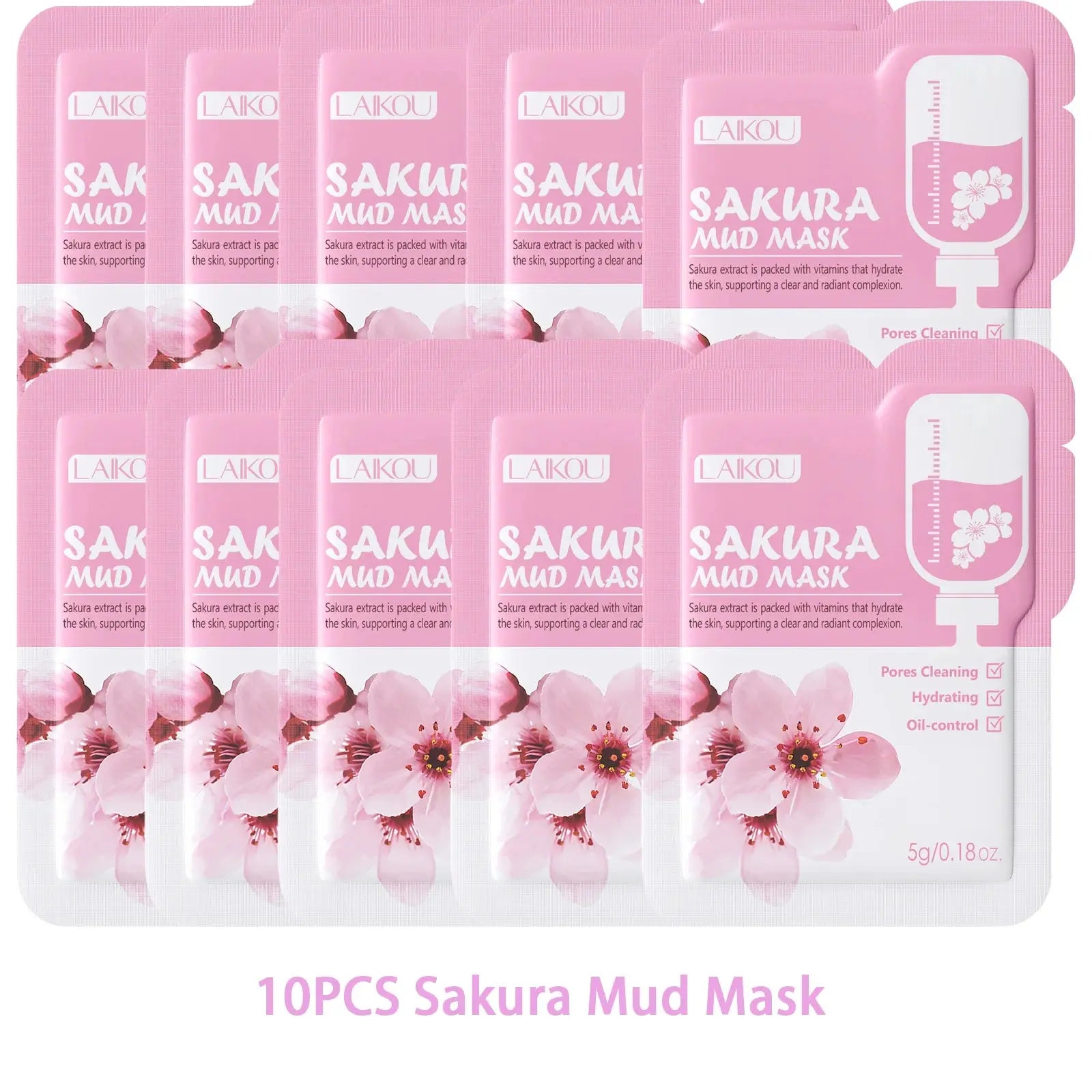 10-pack Sakura mud mask sachets, pink and white floral design, trial size 5g