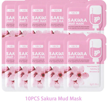 10-pack Sakura mud mask sachets, pink and white floral design, trial size 5g