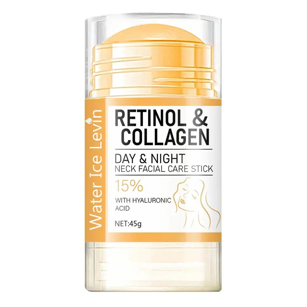 Retinol & Collagen day and night neck face care stick with gold cap, vertical teal labeling.