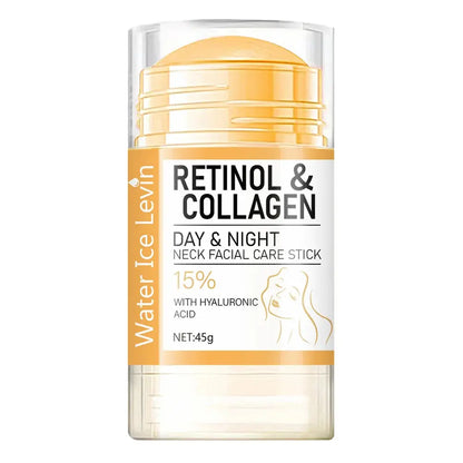 Retinol & Collagen day and night neck face care stick with gold cap, vertical teal labeling.