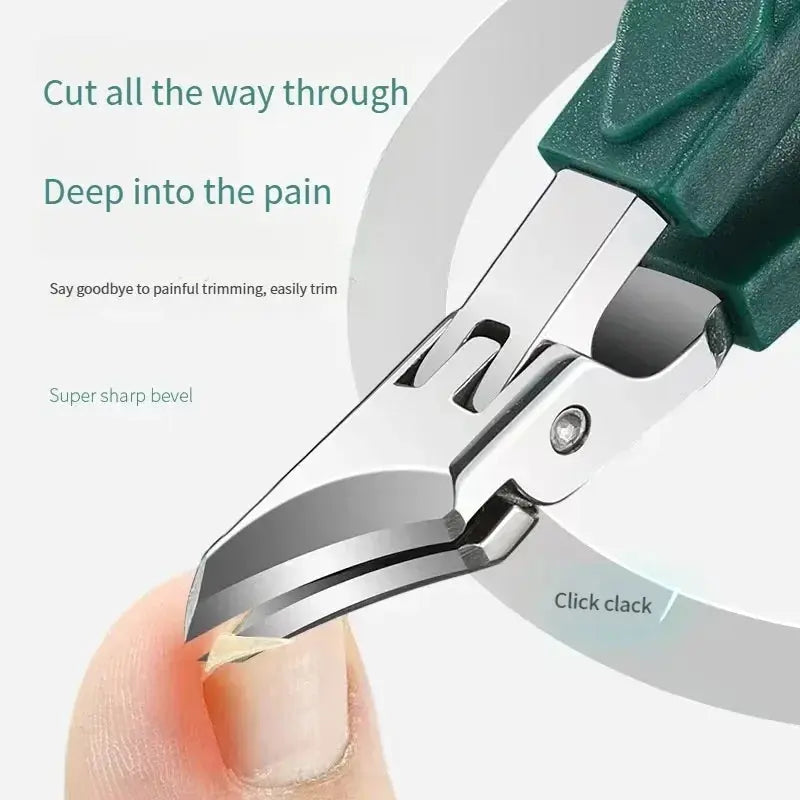Toenail clipper nipper cutting near a fingernail, stainless-steel jaw and teal-green handle