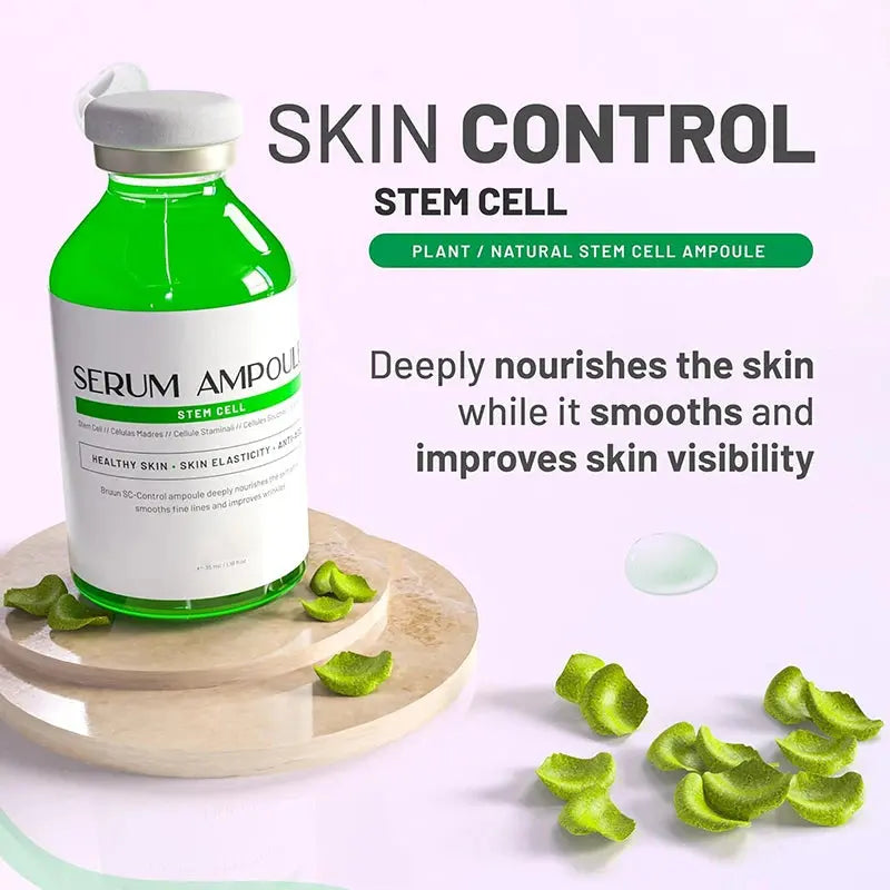 Skin Control stem cell ampoule serum bottle in green with small green gel pieces