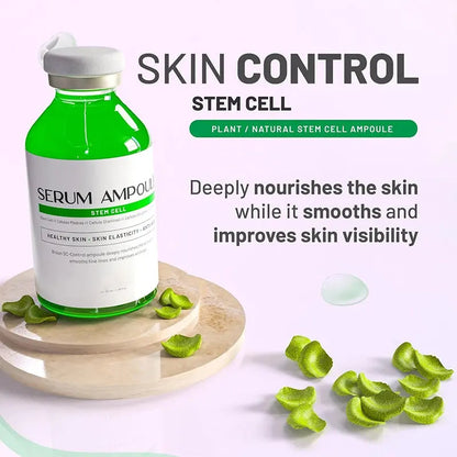 Skin Control stem cell ampoule serum bottle in green with small green gel pieces