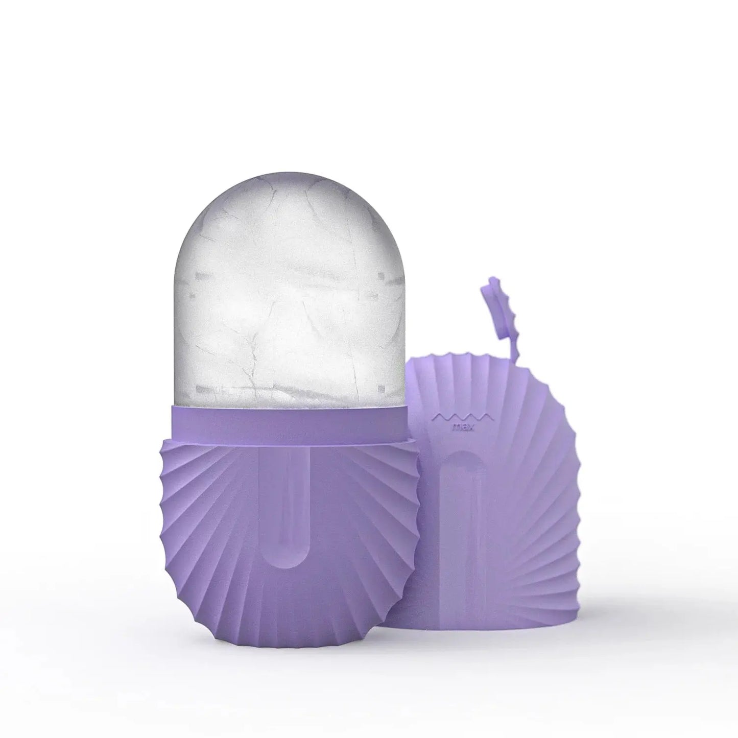 Silicone ice facial roller with purple silicone base and clear cracked ice head