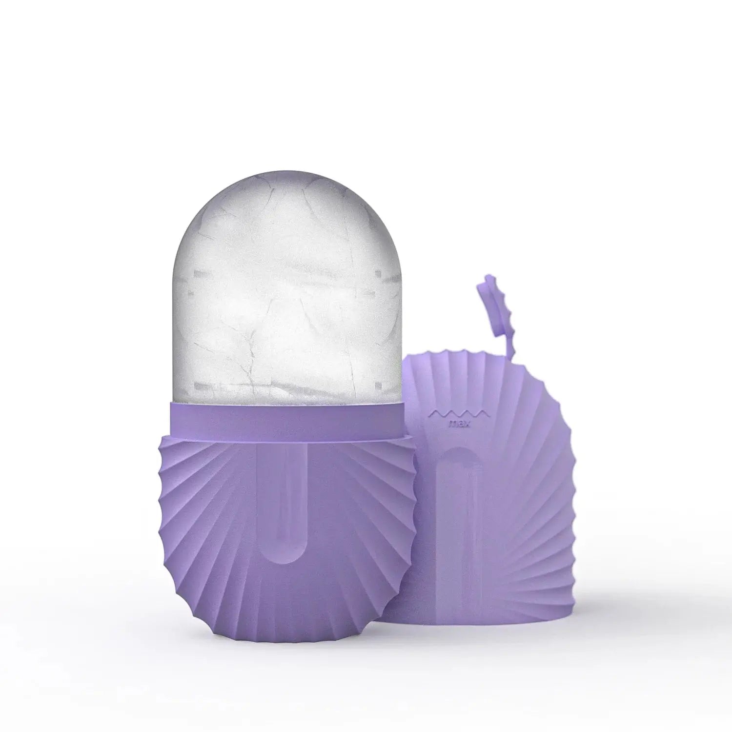 Silicone ice facial roller with purple silicone base and clear cracked ice head