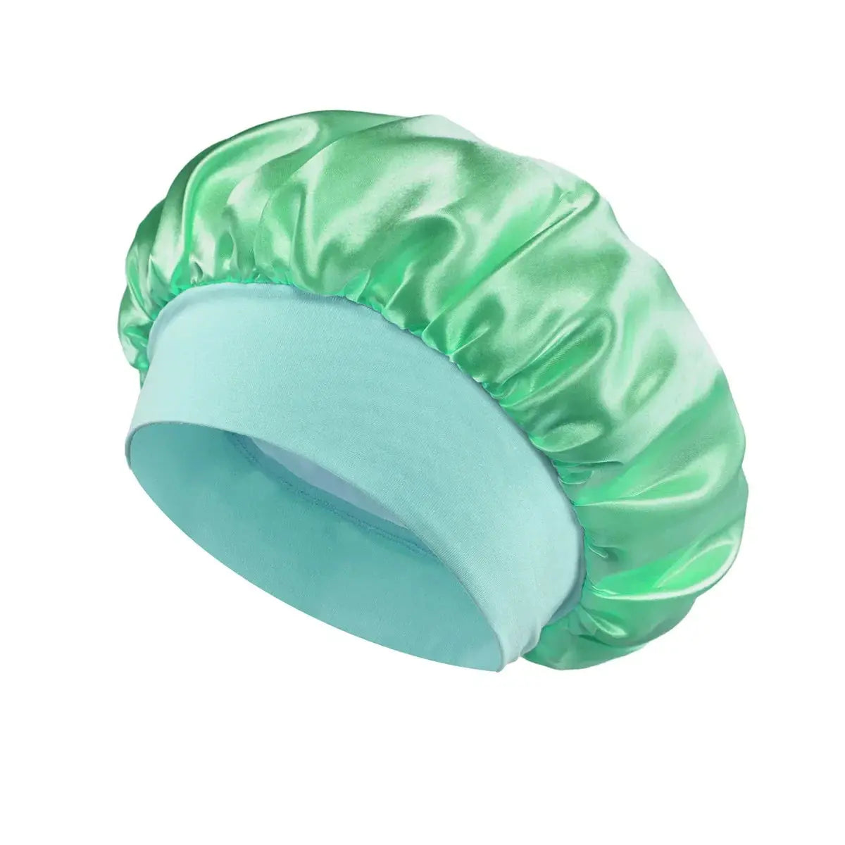 Mint green satin sleep bonnet with wide brim and gathered crown