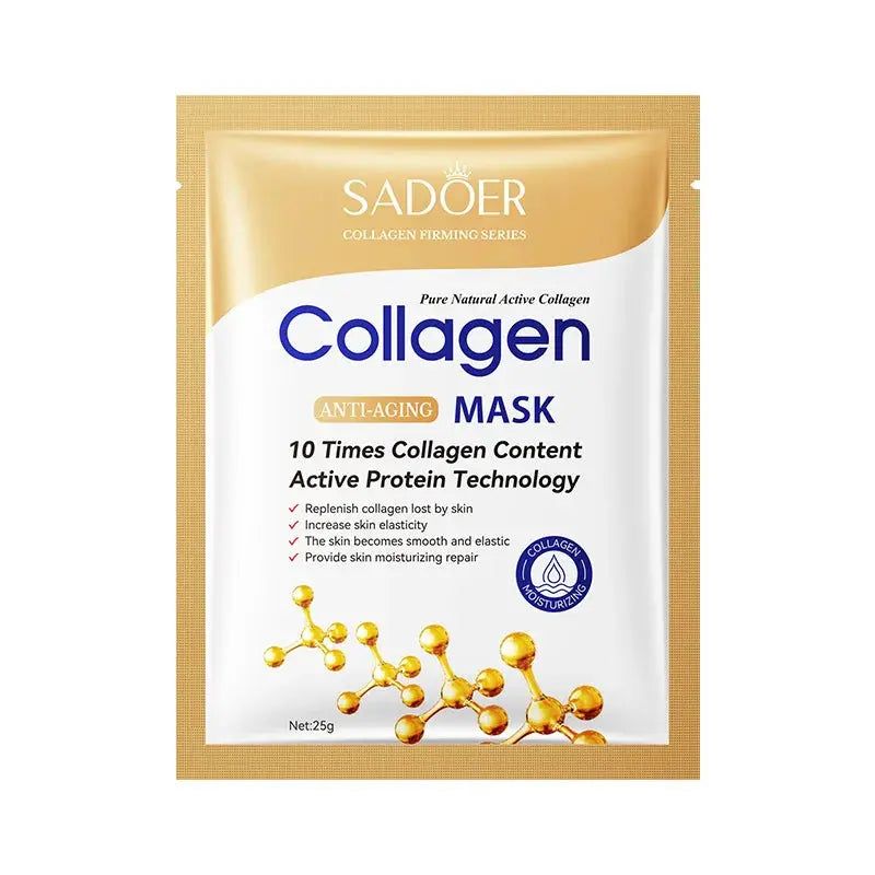 Collagen anti-aging facial mask packet with gold top and white product panel