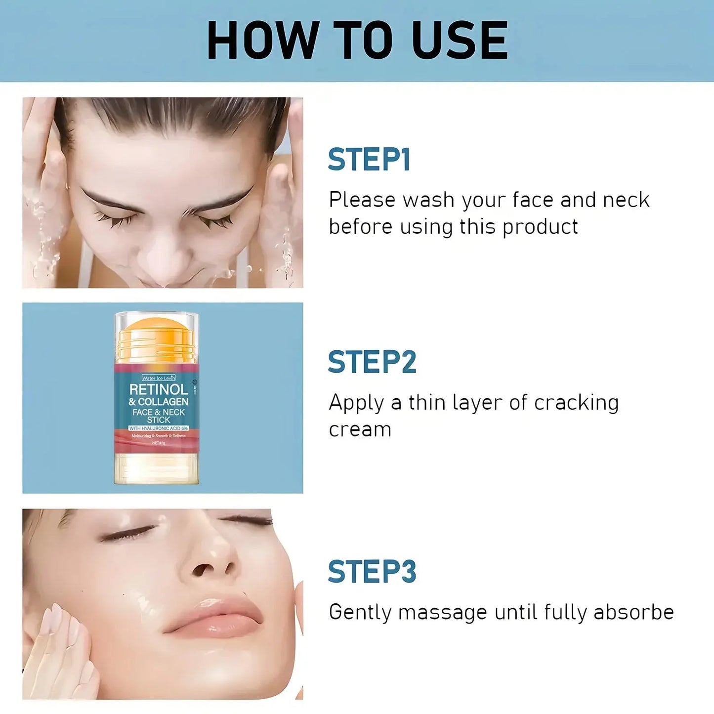 Retinol & Collagen face and neck stick usage steps shown with application on face and neck.