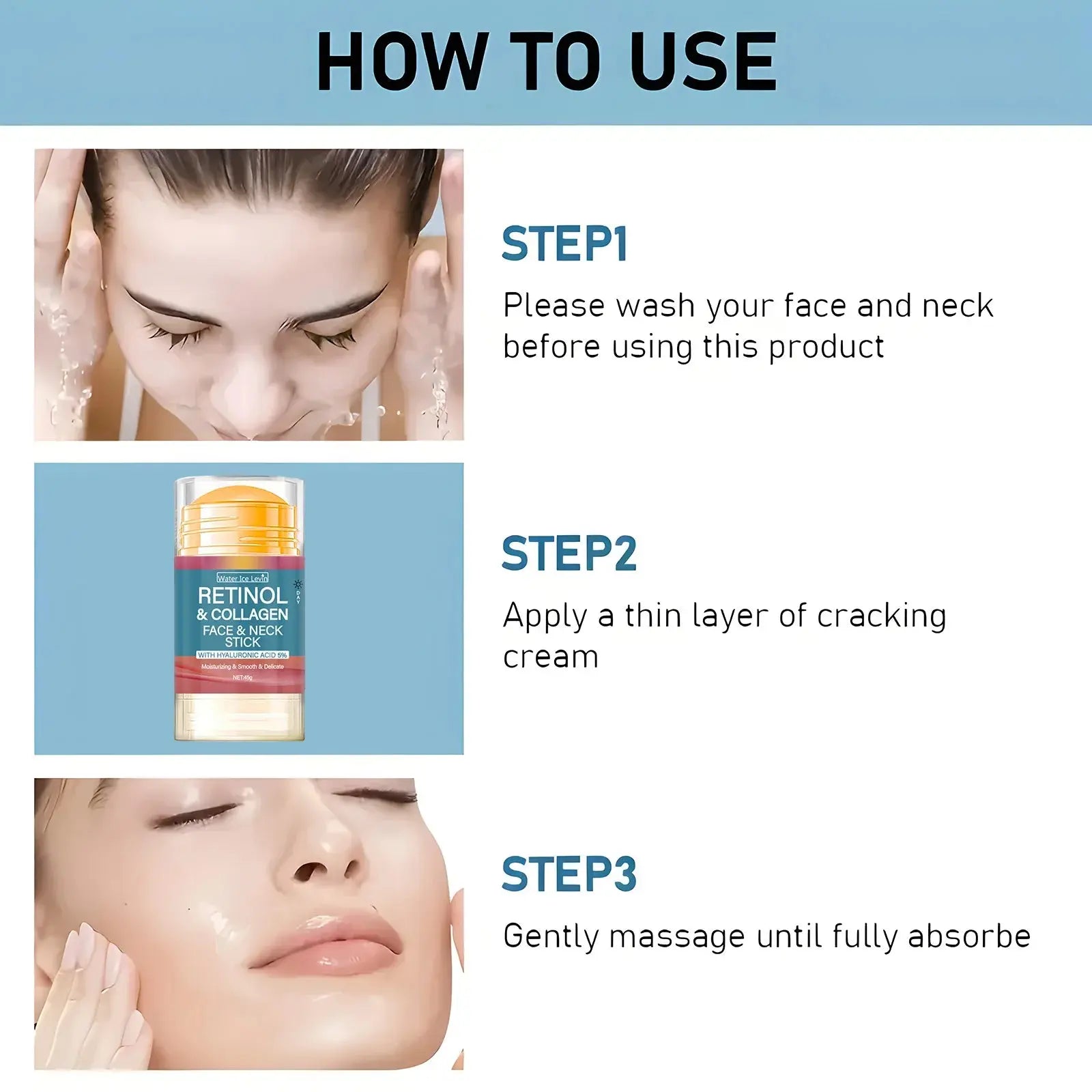 Retinol & Collagen face and neck stick usage steps shown with application on face and neck.