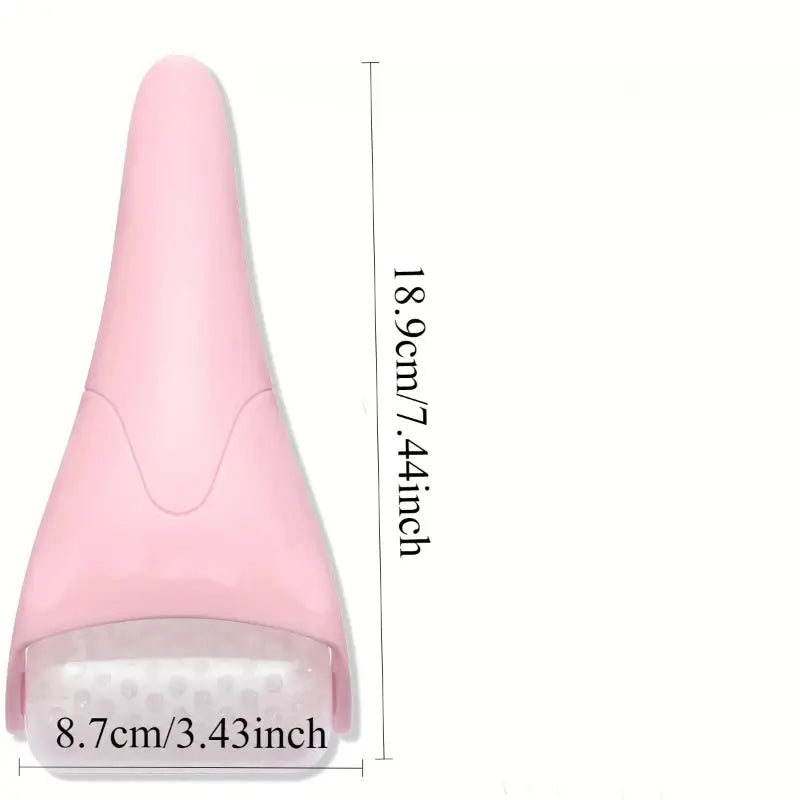 Pink facial ice roller massager with frosty cooling head; side dimensions shown