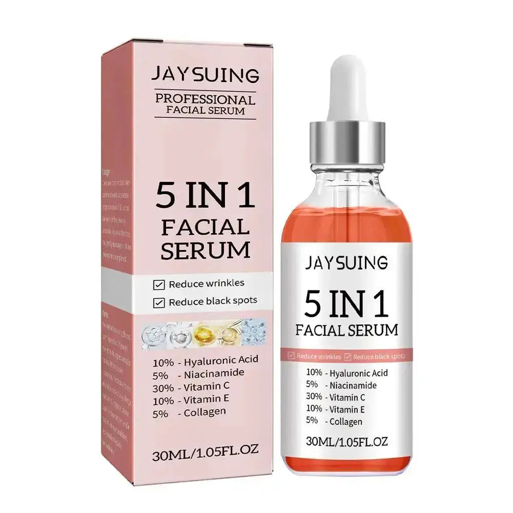 5-in-1 facial serum bottle with silver dropper and rose-colored box, 30ml