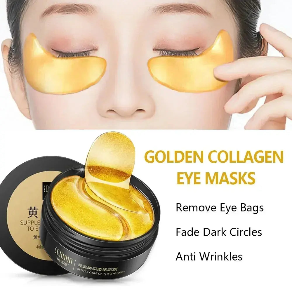 Golden under-eye gel masks on face with gold eye mask jar
