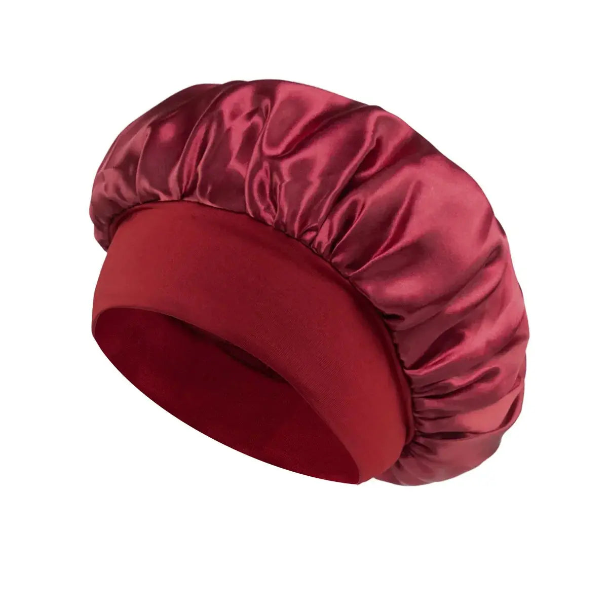 Burgundy satin sleep bonnet with wide brim and gathered crown