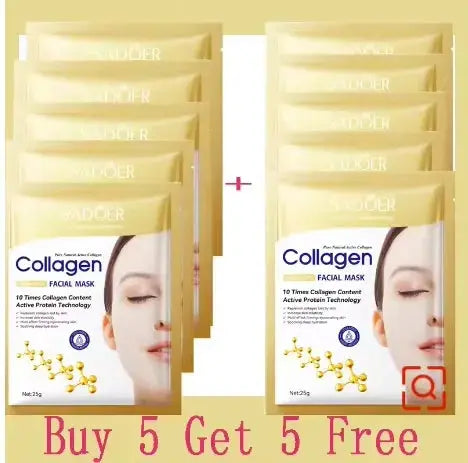 Set of multiple Collagen anti-aging facial mask sachets, gold and white packaging