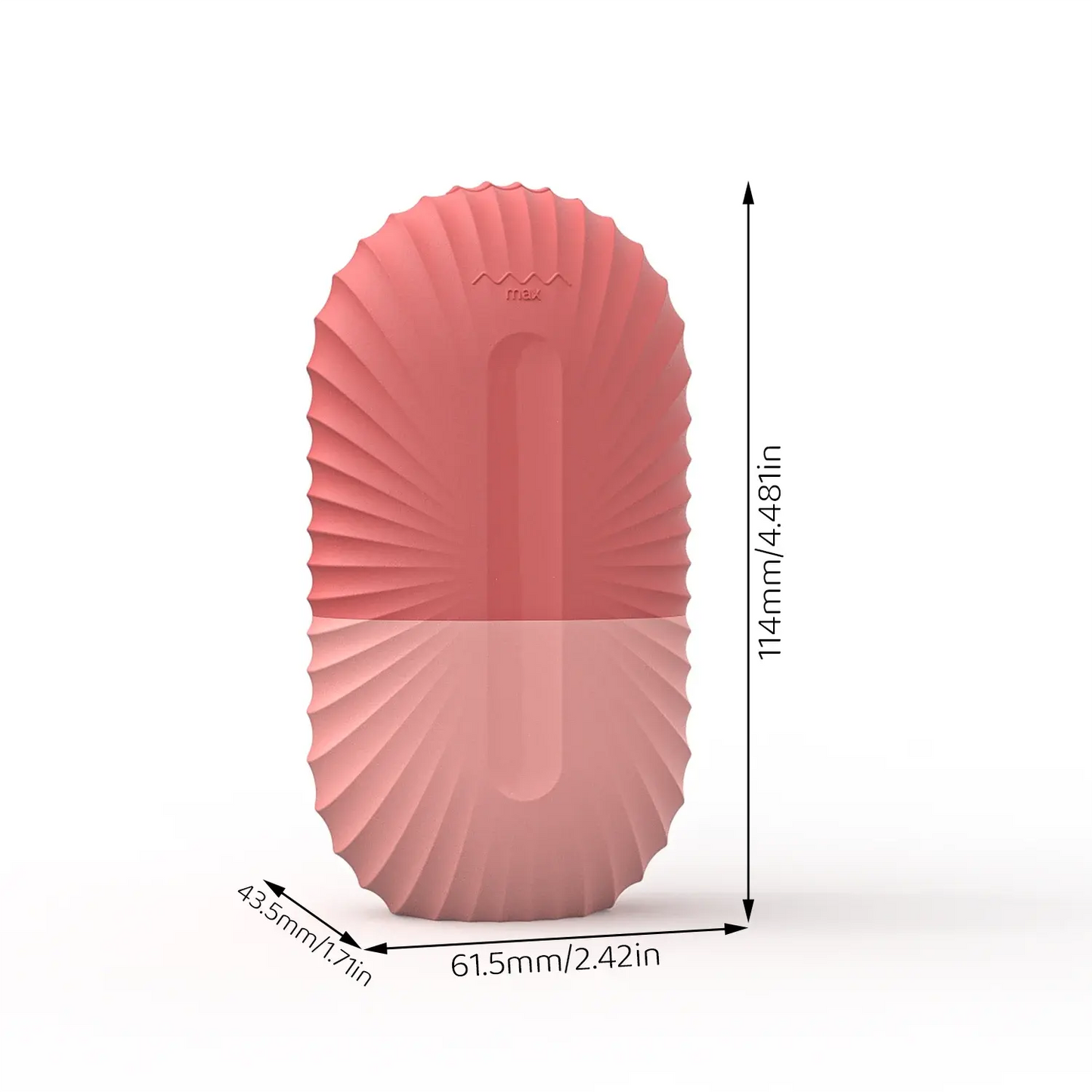 Pink silicone ice roller for face massage, shown with size dimensions
