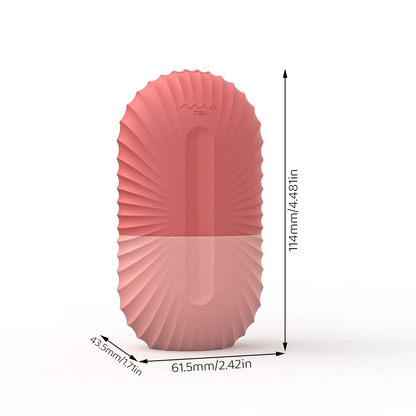 Pink silicone ice roller for face massage, shown with size dimensions