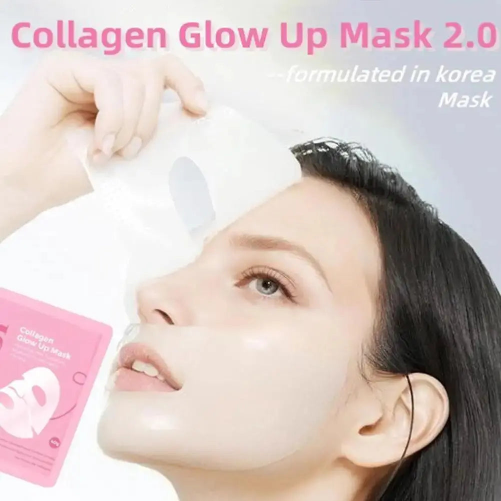 Pink collagen glow-up mask 2.0 skincare: hands holding a white mask sheet on a face.