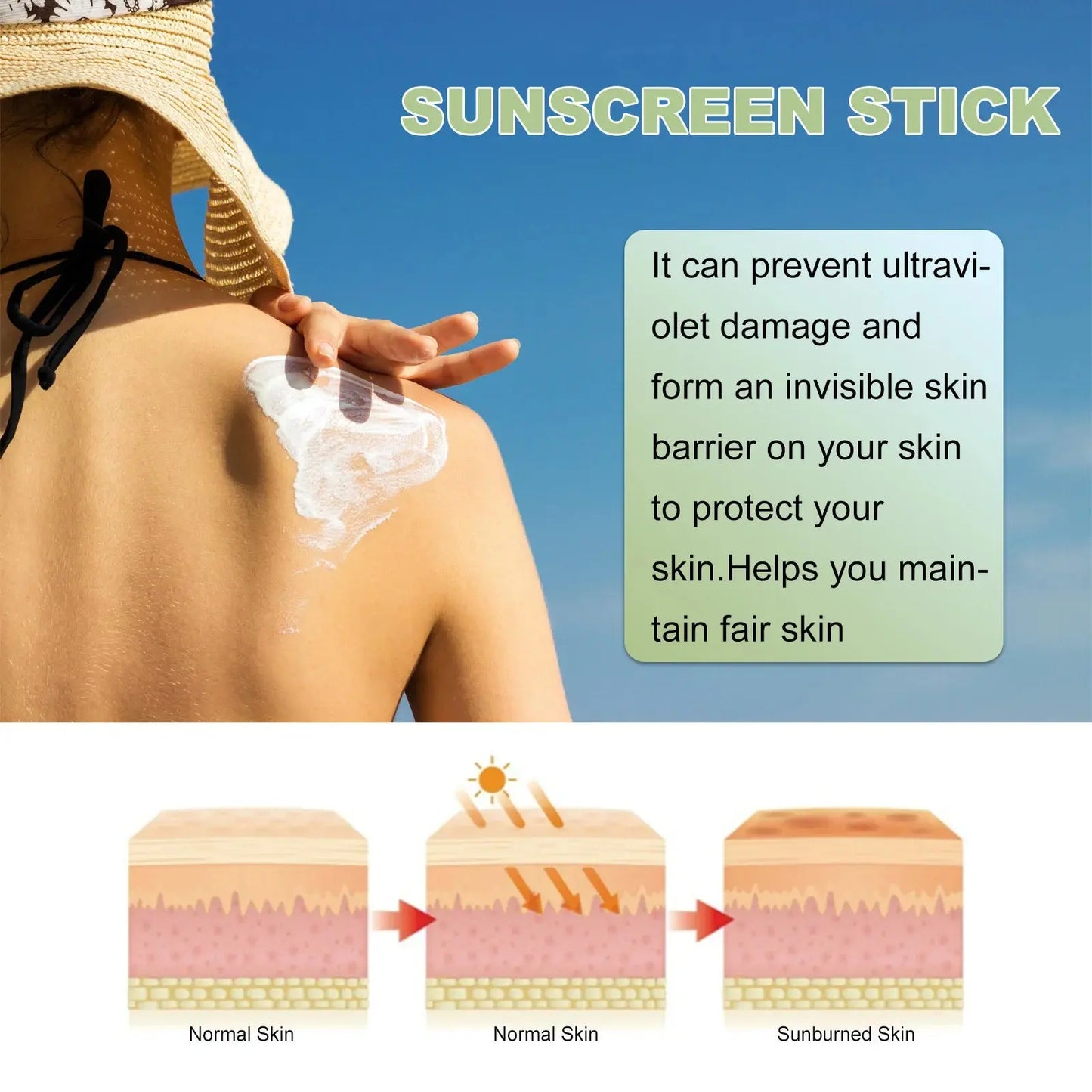 SPF 50+ sunscreen stick applying white cream on shoulder with Jasmine product pack