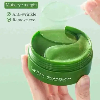 Aloe vera collagen eye mask jar with green gel inside, held in hand