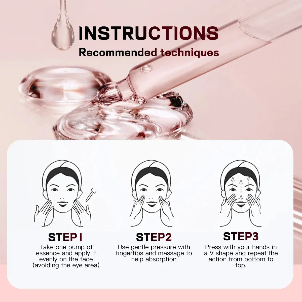 Clear serum drop and usage steps illustration for face application