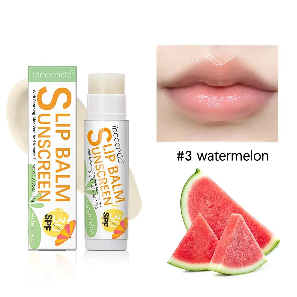 Watermelon lip balm SPF 30 stick with glossy lips and watermelon slice