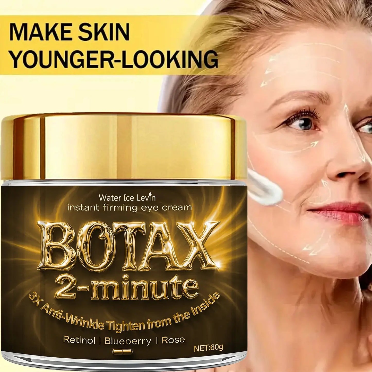 BOTAX 2-minute eye cream jar with gold lid beside woman with cream swirls