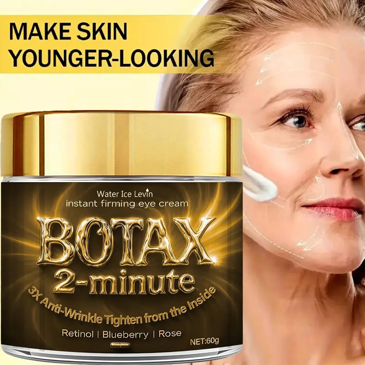 BOTAX 2-minute eye cream jar with gold lid beside woman with cream swirls