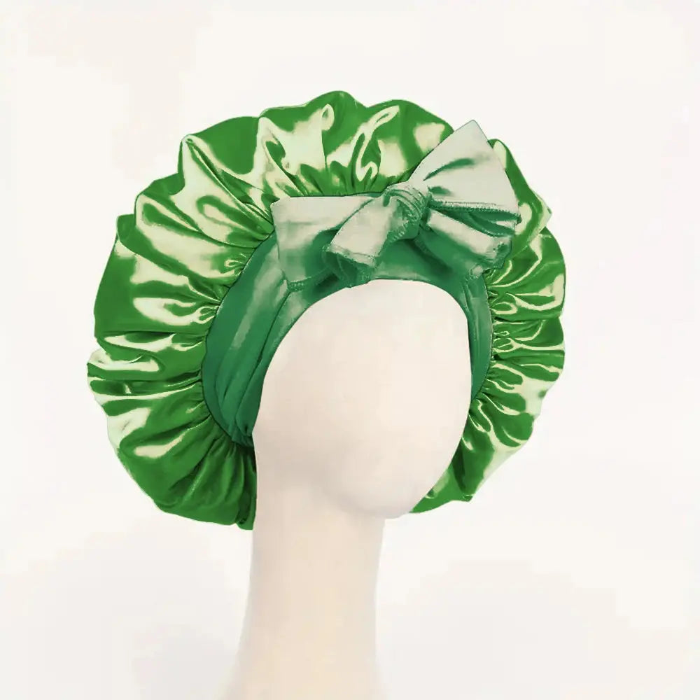 Green satin sleep bonnet with ruched crown and tie band