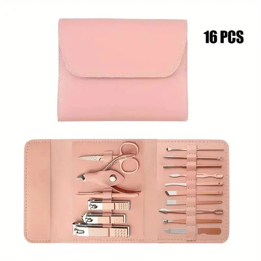Pink nail tool set pouch open, showing 16 stainless steel manicure tools