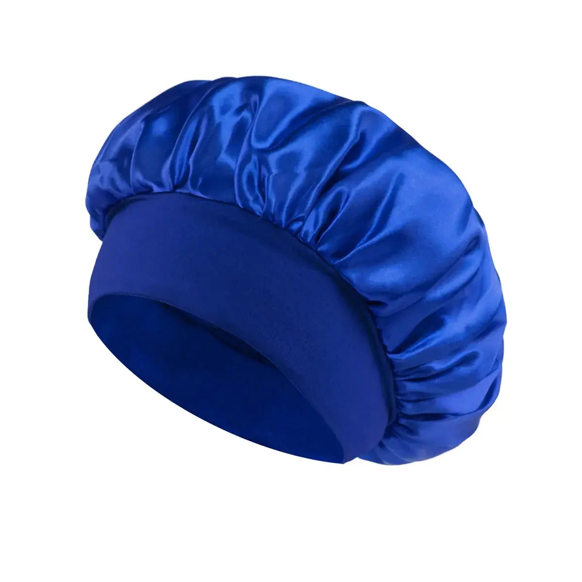 Royal blue satin sleep bonnet with wide brim and elastic band.