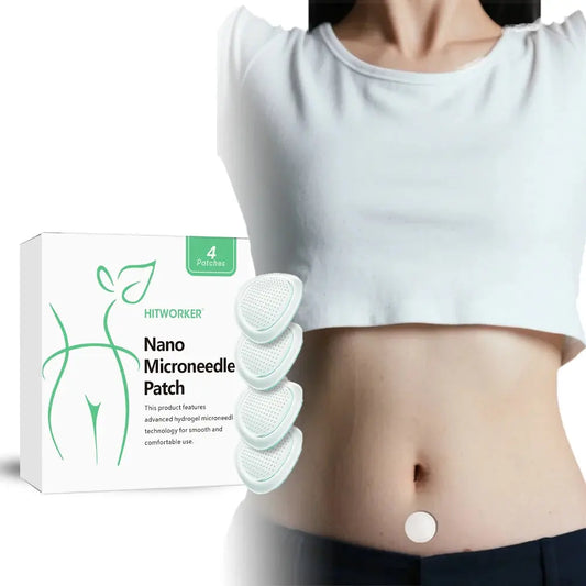 Nano microneedle patch set, two white adhesive patches on a torso with box