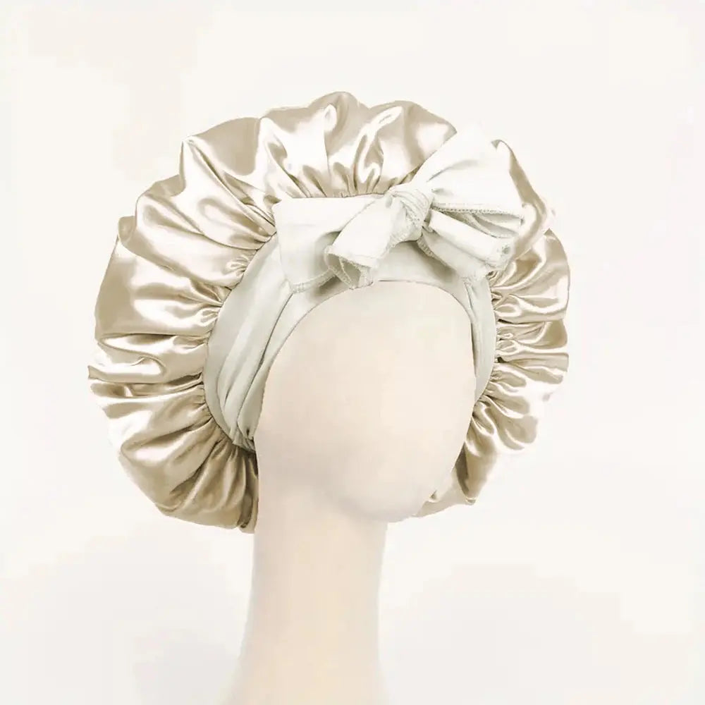 Champagne satin silk sleep bonnet with ruched ruffle edge and adjustable tie band