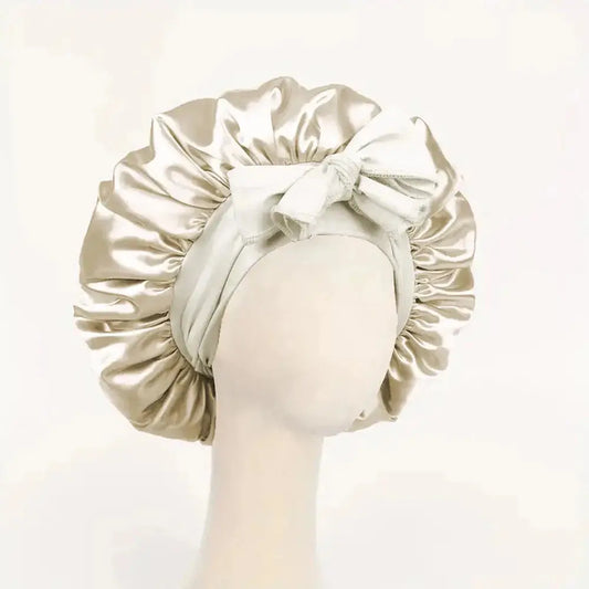 Champagne satin silk sleep bonnet with ruched ruffle edge and adjustable tie band