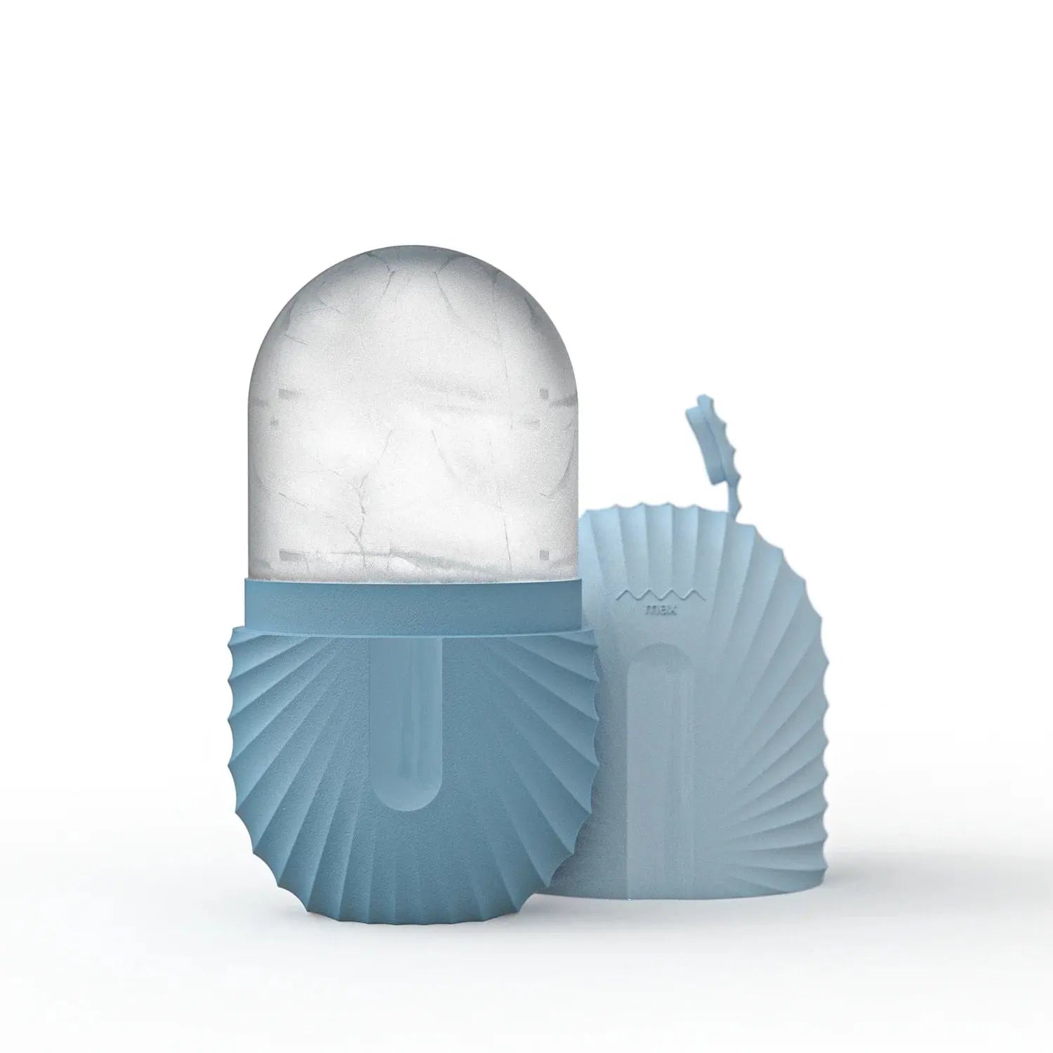 Blue silicone ice roller with gray ice dome and matching roller head