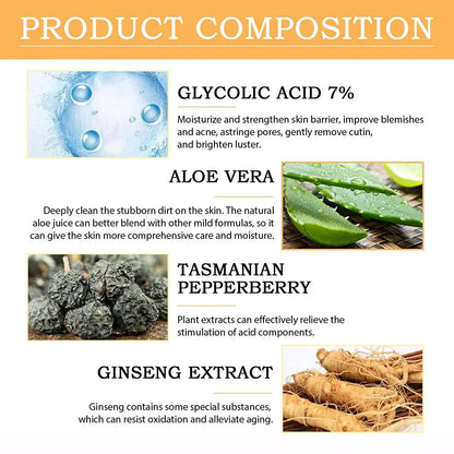 Glycolic acid 7% toning solution ingredient composition panel with aloe vera