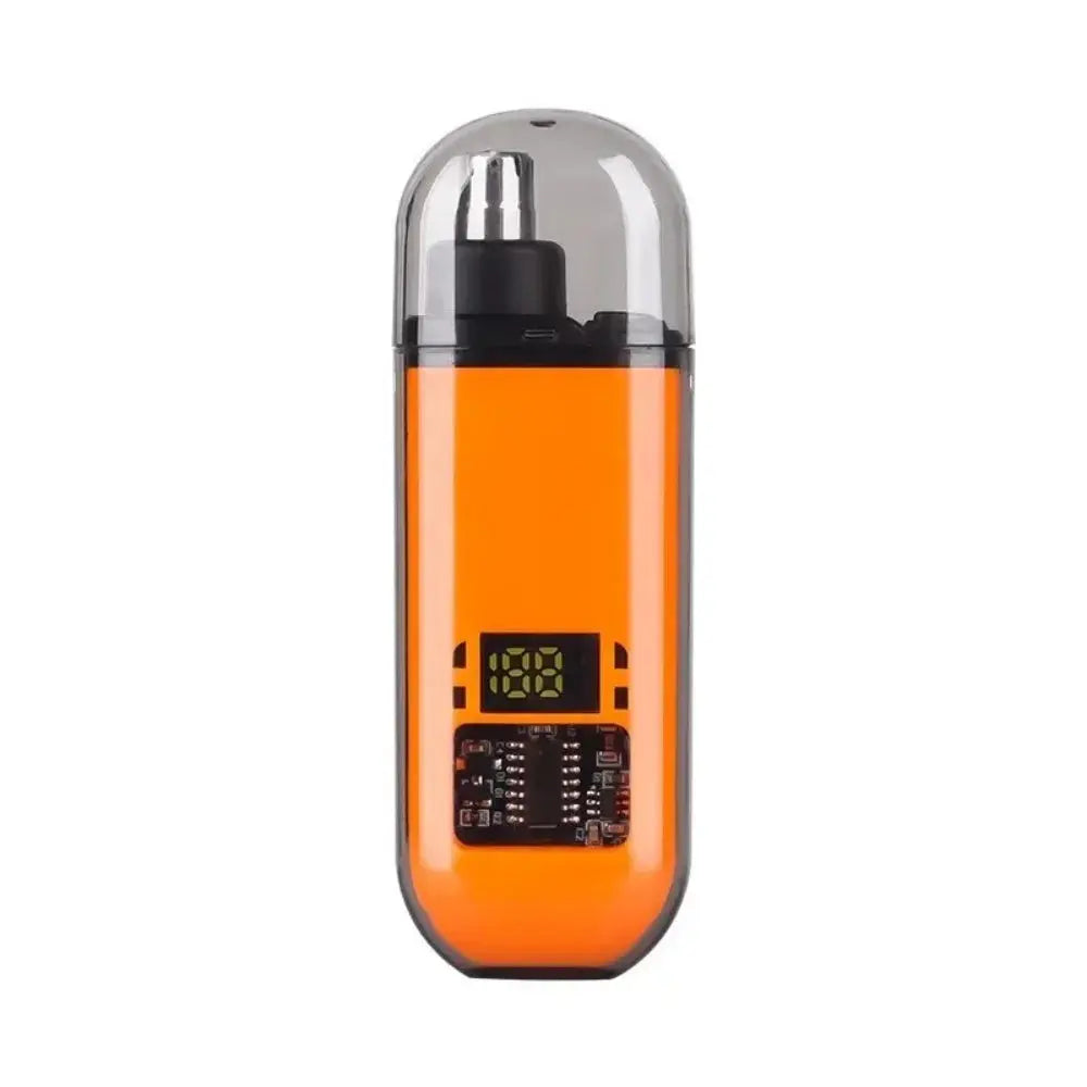 Orange translucent nose hair trimmer with metal top and internal display window