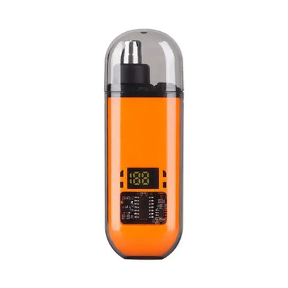 Orange translucent nose hair trimmer with metal top and internal display window