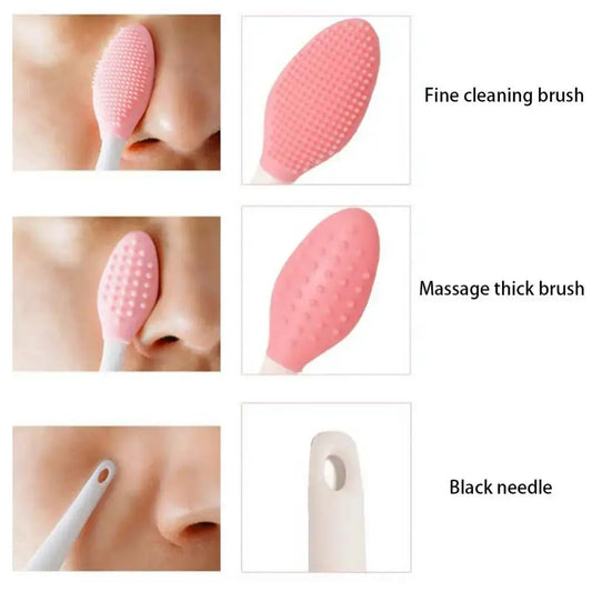 Pink silicone nose cleaning brush with small nubs, on white handle