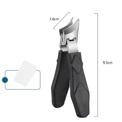 Toenail clipper nipper with black handle, stainless-steel blades and size measurements