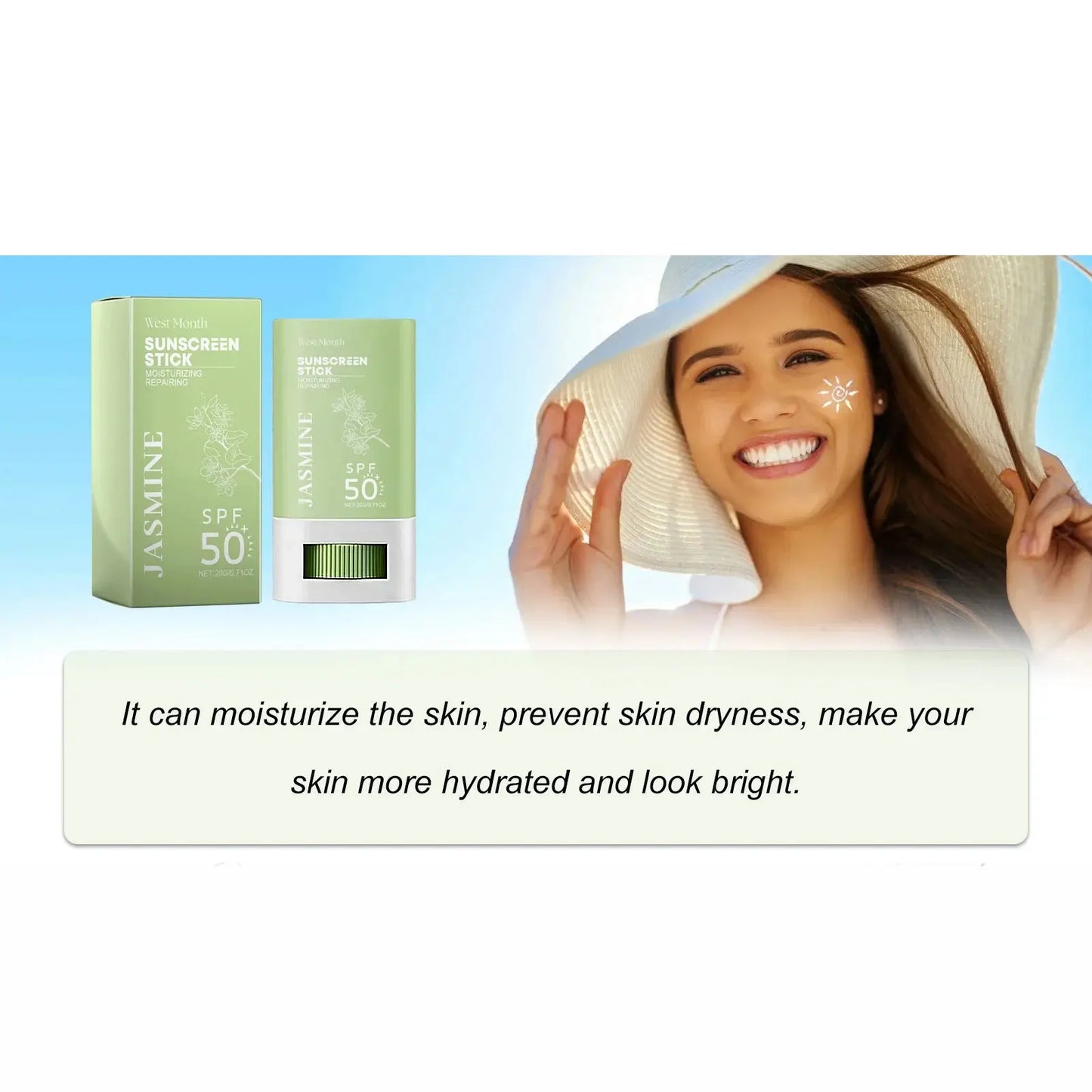 SPF 50+ Jasmine sunscreen stick beside smiling woman, green box and stick