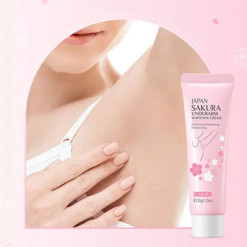 Pink underarm whitening cream tube, shown with applicator on skin