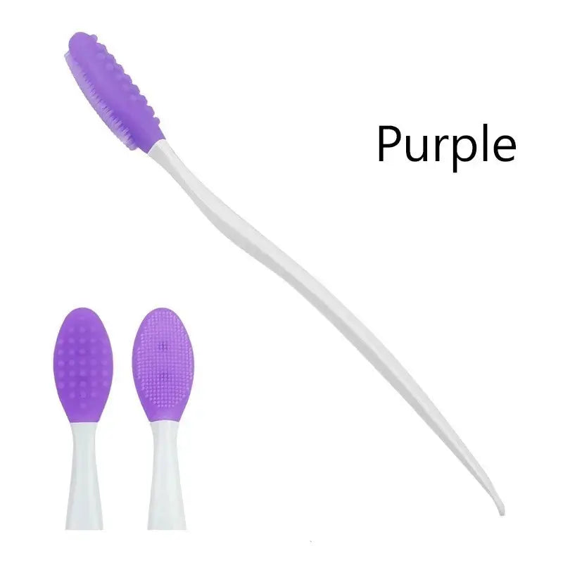 Purple silicone exfoliating face brush with textured oval head on white handle
