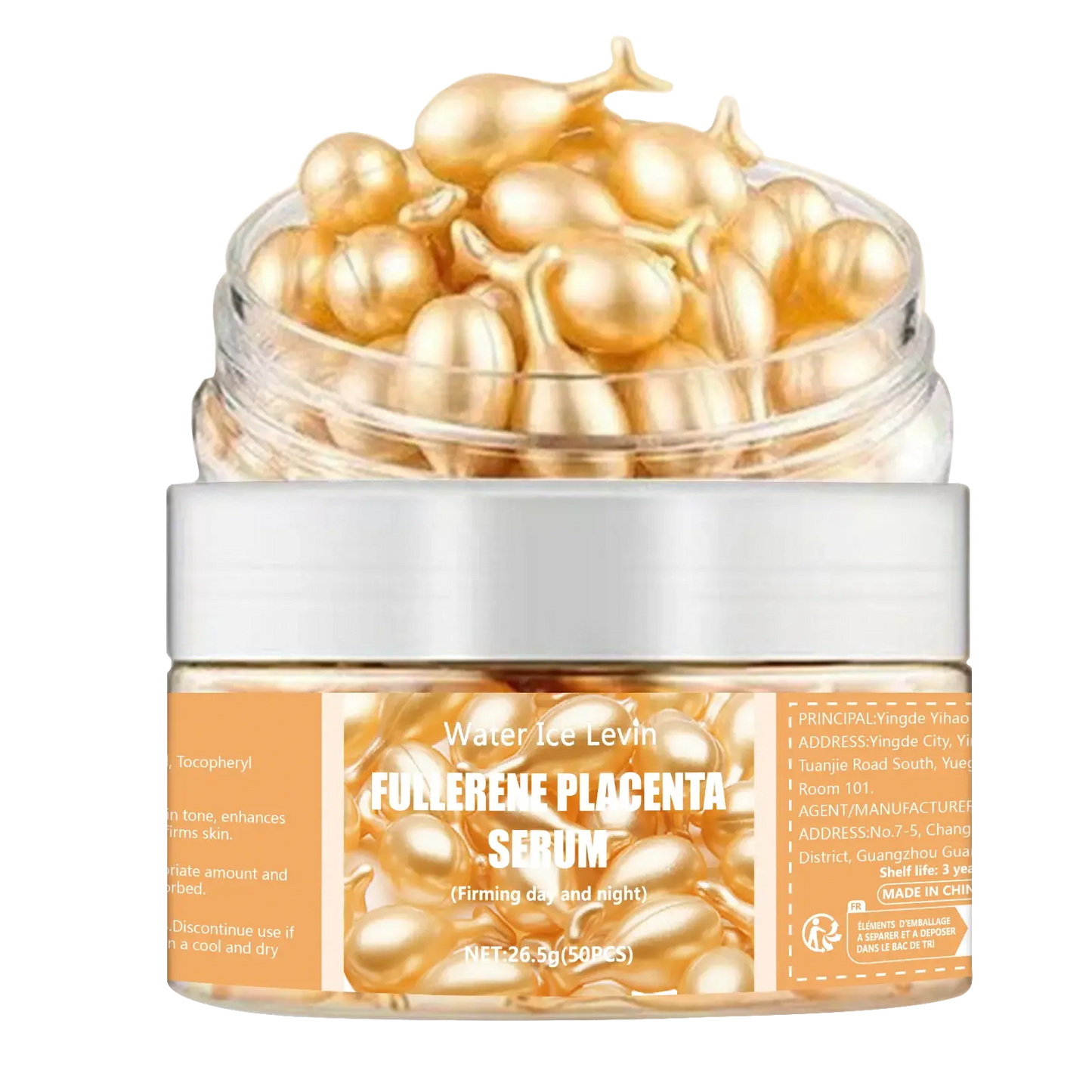 Fullerene placenta serum jar with gold capsule beads, clear top dome and white lid