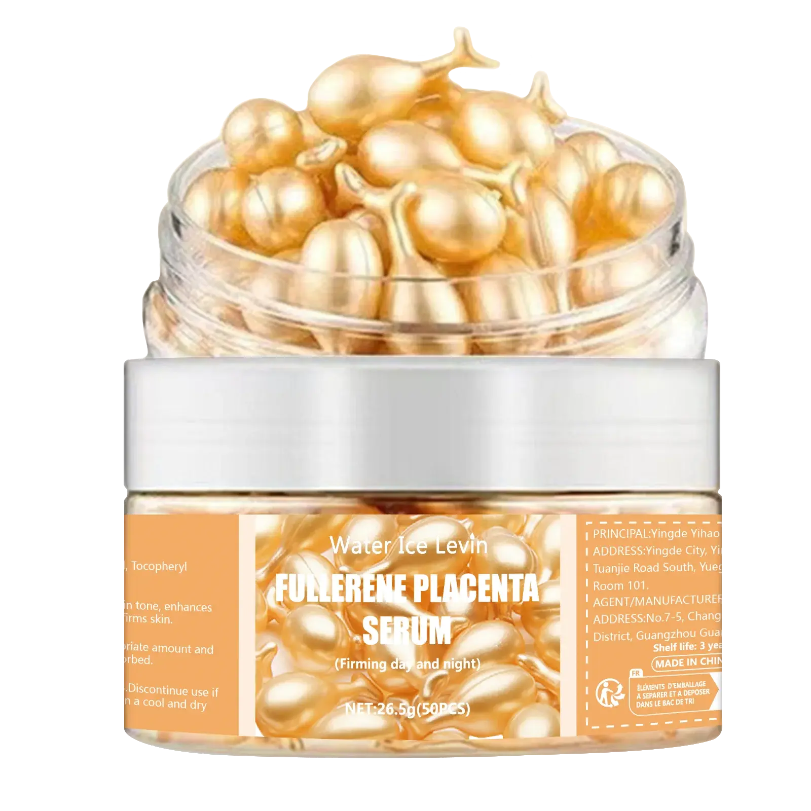 Fullerene placenta serum jar with gold capsule beads, clear top dome and white lid