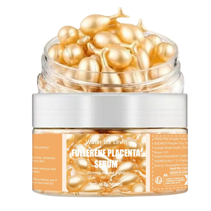 Fullerene placenta serum jar with gold capsule beads, clear top dome and white lid