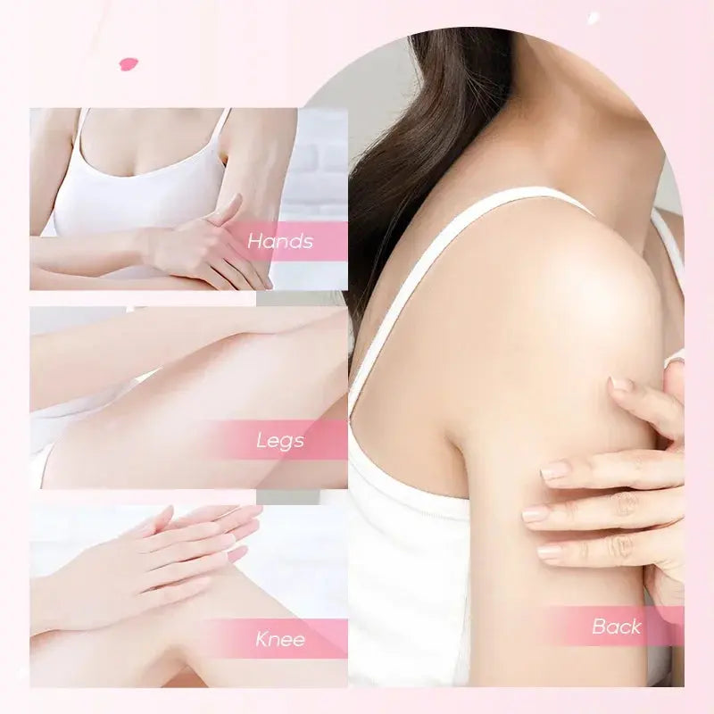 Underarm cream applied to arm, knee, and back on model skin