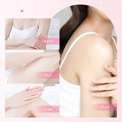Underarm cream applied to arm, knee, and back on model skin